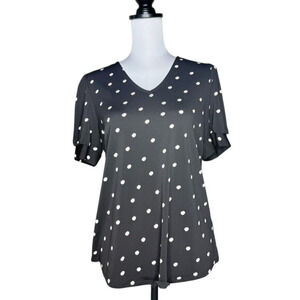 Adrianna Papell Black White Polka Dot Plus Size Medium Top Short Sleeve V Neck